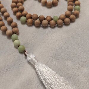 Handmade 108 bead mala Thuja Wood and African Green Jade with white guru tassel
